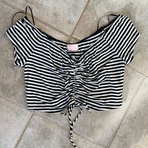 Wishful thinking off the shoulder white and black striped cropped top